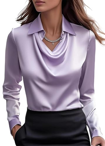 MorFansi Blusa de satén para mujer, cuello en cascada, elegante, de manga larga, camisa de seda, camisa de trabajo, camisa de negocios de manga larga, morado, M