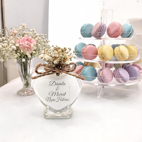 Set di 30 candele in vetro a forma di cuore per invitati, con adesivo personalizzato e fiori secchi, per feste nuziali, baby shower, colore: bianco