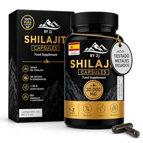 Shilajit Puro Himalaya 60 Cápsulas Veganas, 30.000mg por Bote, 50% Ácido Fúlvico, 1-2 Meses de Suministro, Testado Metales Pesados, Sin Aditivos, Energía Vitalidad y Rendimiento