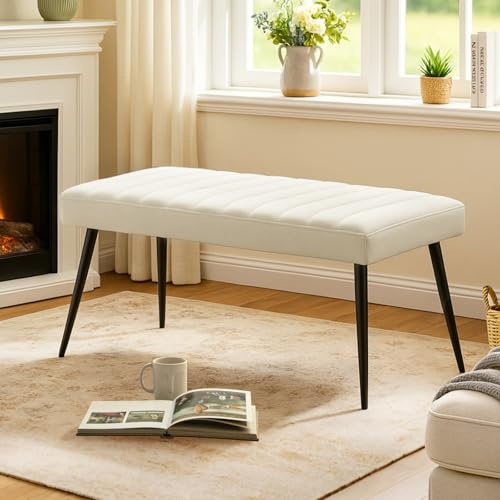 LEMROE Velvet Padded Dining Bench, Vintage End of Bed Upholstered Seat with Metal Legs for Entryway, Window Seat for Bedroom Living Room, 100cm (Cream)