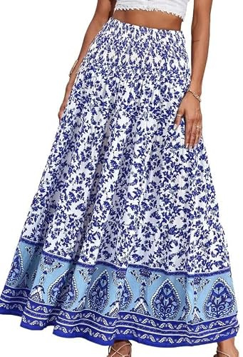 Falafoty Jupe Longue Femme Ete Fluide Bohème Jupes, Jupes Elegant A-Ligne Taille Haute, Jupe Imprimé Décontractée