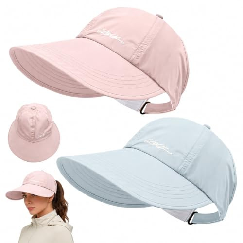 DVDVBOOM 2Pcs Sun Visor Hat for Women, UPF 50+ UV Protection Summer Wide Brim Hats, Adjustable Ponytail Sun Cap, Ladies Outdoor Sunhats for Beach, Sport, Vacation