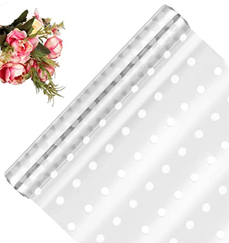 Rifrpha Cellophan Geschenkpapier Rolle klares Cellophan Transparent Geschenkpapier Weißer Punkt Cellophan Geschenkfolie Blumenfolie für Weihnachten, Halloween, Geburtstag, 30m * 43cm