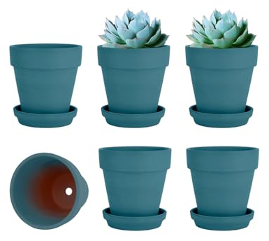 vensovo 4 Inch Steel Blue Terracotta & Clay Pots with Saucer, 6 Pack