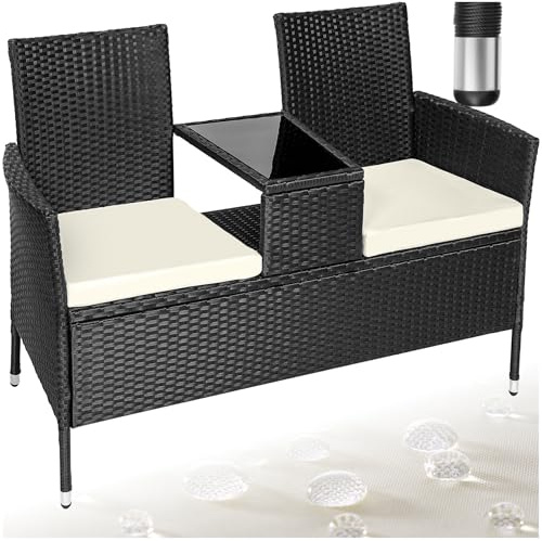 tectake® Banco Exterior con Mesa Integrada, 133 x 63 x 84 cm, Resistente a la Intemperie, Cojín de Asiento de 6 cm, Conjunto de Banco de Jardín para 2 Personas - Negro/Beige