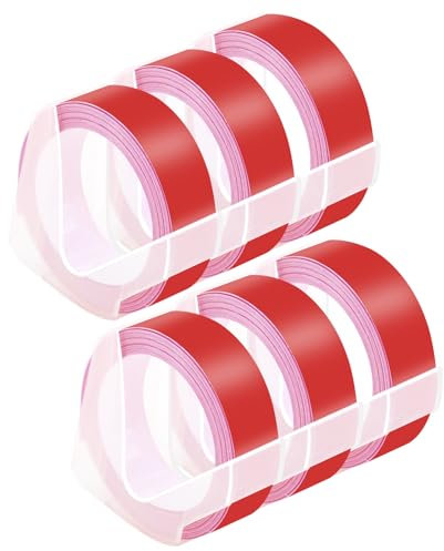 NineLeaf 6 x Kompatibel für Dymo S0898152 521202 3D Kunststoff Prägebändern 12mm x 3m Weiß auf Rot Etikettenband für Office Mate II 1540 154000 Organizer Xpress Pro 1575 1595 Beschriftungsgerät