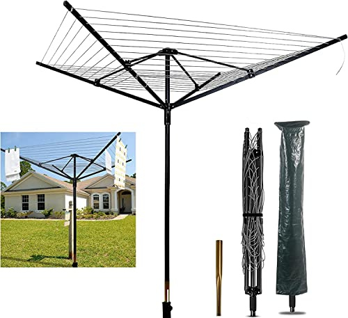 tonchean Whirlygig - Stendibiancheria rotante da 50 m, resistente, con picchetto e copertura, 4 bracci pieghevoli, per esterni, giardino, stendibiancheria girevole, nero