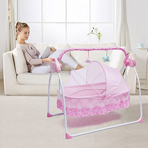Elektrische Babywiege Babywippe Babyschaukel Babybett Baby Wiege Klappbare Tragbare Stubenwagen Schaukelstuh mit Matte, Moskitonetz, Remote Control, 5-speed, Musik Sicher Wippe (Rosa)