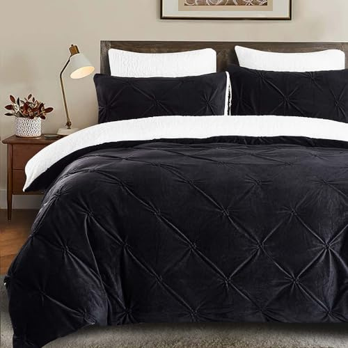 Lanqinglv Ropa de cama de invierno cálida de 200 x 220 cm, color negro, mullido, forro polar, tacto de cachemira, ropa de cama de felpa de franela Sherpa Pintuck, funda nórdica con cremallera y 2