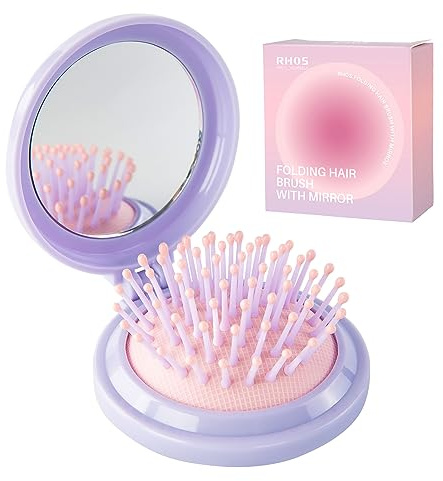 RHOS Hair Brush with Mirror for Women, Girls - Compact Folding Brush with Soft Nylon Bristles and Mirror - Portable Hair Brush for Travel (Purple)