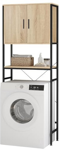 EUGAD Waschmaschinenschrank, Waschmaschinenregal Regal über Waschmaschine Toilette, Toilettenregal mit Schrank Verstellbarer Ablage, Badregal aus Holzwerkstoff Metall, 64,5x170x27 cm