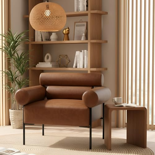 RIVOVA Modern Accent Chair, Single Sofa Accent Chair for Living Room, Upholstered Leather Mid-Century Modern Armchair, Oversized Reading Chair with Channel Tufted for Bedroom, Office, Brown