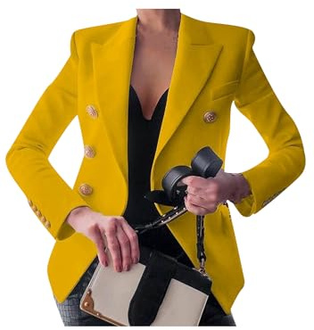 OMZIN Business Cropped Blazer Für Frauen Revers Vorne Offen Doppelreihig Blazer Anzug Jacke Mantel Gelb XXS