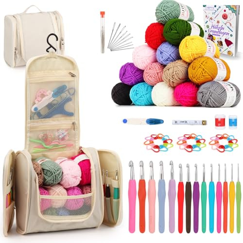 Coopay Juego de Ganchillo para Principiantes - Set Completo Con Agujas Ergonómicas, 15 Lanas, Bolsa Portátil y Accesorios - 2,0-10 mm Con Mango de Goma