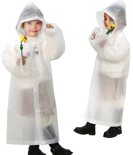ANYOO Waterproof Rain Poncho Jackets for Kids, 2 Pack Hooded Raincoats with Long Sleeves for Boys Girls Height 110-150cm Hiking Camping Traveling, White