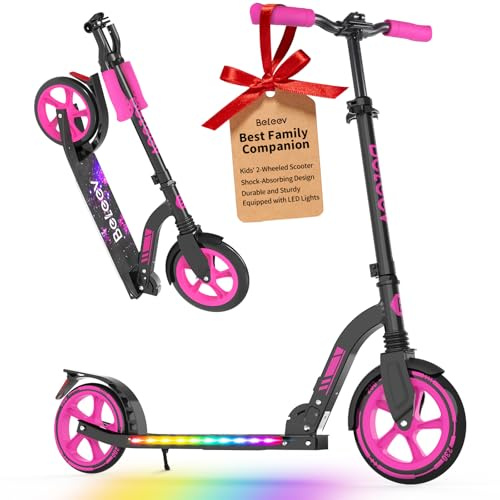 BELEEV Patinete Niño 2 Ruedas con LED Luces Deck,5 Altura Ajustable, Plegable Patinete Big Wheel 230mm Aluminio Scooter Adult con Correa de Transporte, Marco Resistente para 6+ Niño Niña y Adulto
