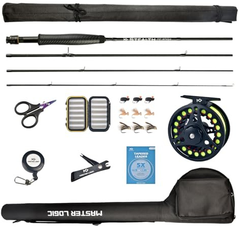 MASTER LOGIC Stealth Fly Fishing Rod Combo Starter Kit, 30T Carbon Fiber Graphite Fly Rods with Die-cast Aluminum Reel and Fly Fishing Accessories(7FT 3/4WT 4PCS)