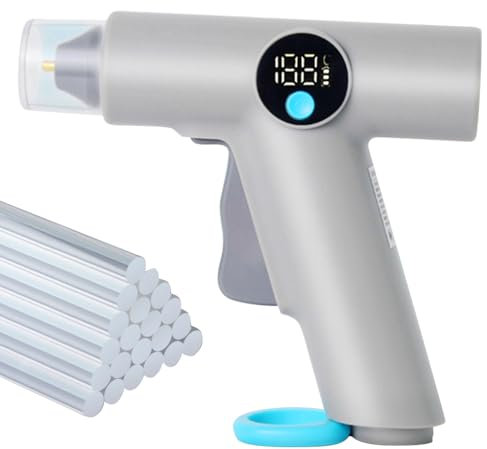 PLLYPE Pistola per colla a caldo a batteria con 22 bastoncini di colla a caldo (7 mm), indicatore di temperatura LCD, spegnimento automatico, ugello antigoccia, riscaldamento rapido di 40 S