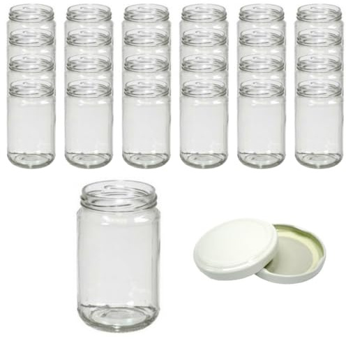 Set di 24 Barattoli in Vetro per Conserve, 314 ml, con Tappo Bianco