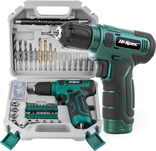 Hi-Spec 8V Green Electric Cordless Power Drill Driver, Power Screwdriver Bits, Wood, Metal, and Masonry Drill Bit Set Accessories