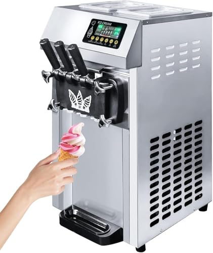 Macchina per Gelato Commerciale 18L/h 1250W 3 Sapori, Macchina Gelato Soft Professionale Tramoggia Pulizia Automatica, per Yogurt Caffè Snack-Bar Ristorante Supermercato