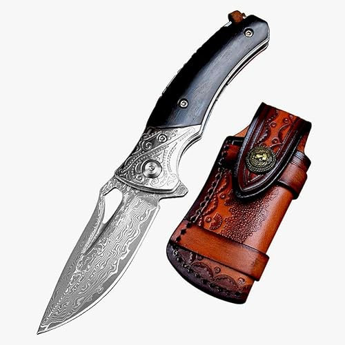 Couteau de poche pliant 16,6 cm en bois d'ébène damassé forgé en acier de Damas Couteau de chasse tranchant Couteau de chasse Couteau de camping EDC Couteau de survie Couteau Damas Étui en cuir