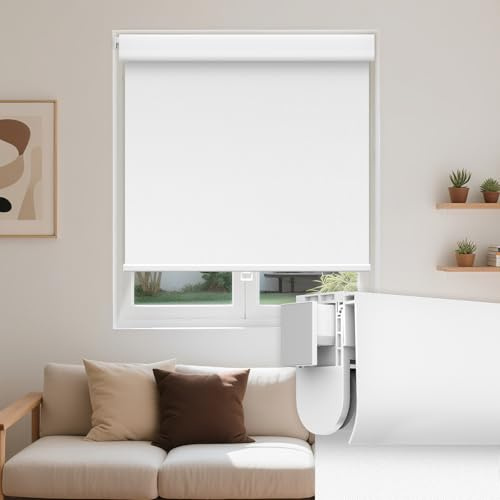 Grandekor No Drill Blackout Roller Shades, Cordless Free-Stop Shades for Windows, UV Protection & Thermal Insulated, Easy Install Pull Down Blinds for Bedroom, White,34.5 W x 36 H