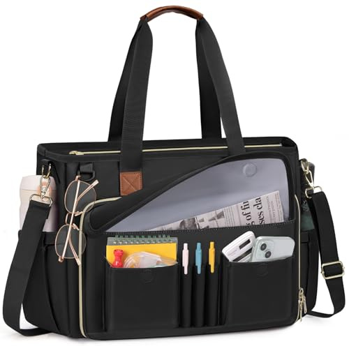 RAINSMORE Borsa Lavoro Donna Porta PC 15.6 Pollici, Borsa Insegnante Grande Capacità con Tasca Termica Isolata, Borsa a Mano per Ufficio, Scuola e Infermiera, Nero