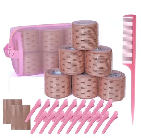 Juego de rulos térmicos aluminio for el cabello, bolsa grande almacenamiento for con autoagarre y aire(Coffee)
