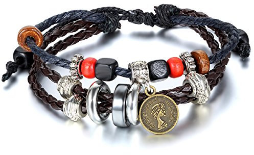 JewelryWe Lederarmband Herren Damen Armband: Retro Tibetischen Perlen Beads Kugeln Runde Medaille Legierung Holz Leder Geflochten Charm Armreif Verstellbaren Größen Passend für 21-30cm Braun