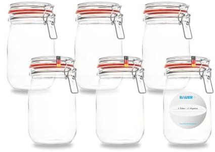 Flaschenbauer - 6-teiliges Set Drahtbügel-Vorratsgläser 1140ml, geeignet als Einmach- und Fermentierglas, zur Aufbewahrung, zum Befüllen, Drahtbügelgläser Inklusive Etiketten - Made in Germany