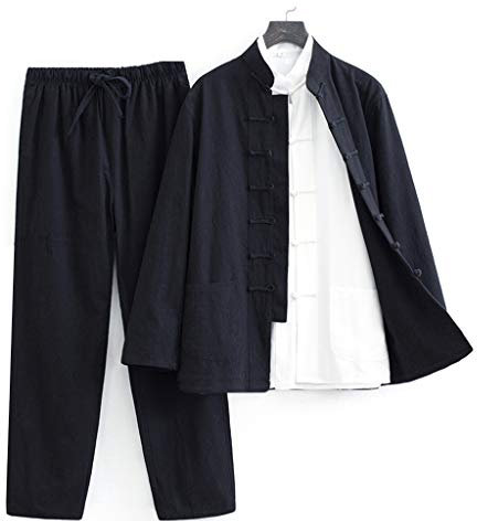 ZHOUXIAO Tai Chi Uniform bomullslinne herr Kung Fu kortärmad kläder traditionella kinesiska kläder, byxor, jackor, Han kampklack kostym svart-M