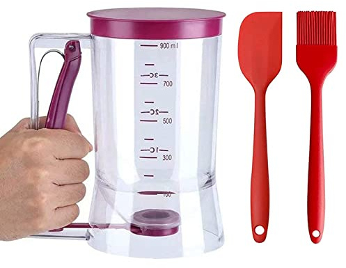 4 Cup Pancake Cupcake Batter Dispense, 900mL Pancake Dispenser For Batter With Measuring Label Squeeze Handle Bracket and Silicone food brush for Cupcakes Crepes, Cake or Any Baked Goods