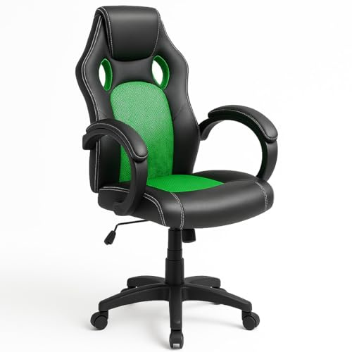 BAKAJI Sedia Sportiva Poltrona Direzionale da Ufficio 4 Ruote Girevole 360° Modello Racer Gaming Design Extra Lusso in Ecopelle Nero e Tessuto (Verde)