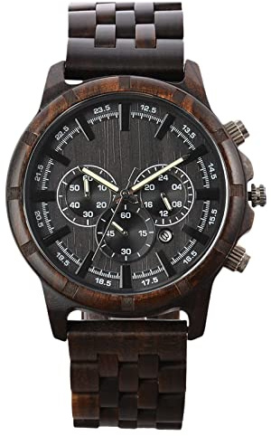 RORIOS Herren-Armbanduhr, Holz, Analog, Quarz, Armband aus Holz, Sportuhr aus Naturholz, Chronograph, Uhren für Männer, Ebenholz, Armband
