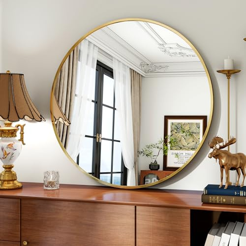 Koonmi - Specchio rotondo da 80 cm in oro con cornice in lega di alluminio - Specchio da parete classico per bagno sopra il lavandino, decorazione moderna da appendere per corridoio