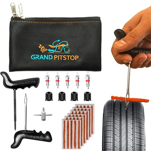 GRAND PITSTOP Universal Tire Puncture Repair Kit includes T Handle for insertion X 1, Tire Reamer Tool X 1, 4 ways valve stem tool X 1, Valves X 4, Cutter X 1, Repair Plugs X 30