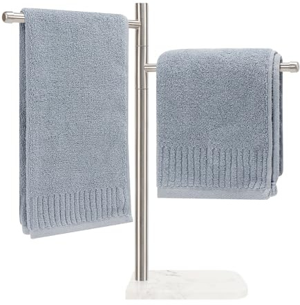 Winmien Standing Hand Towel Holder, Hand Towel Stand with Marble Base, 304 Stainless Steel Towel Rack with 2 Swivel Arm, Countertop Stand Towel Ring Towel Bar for Bathroom (Brushed Nickel