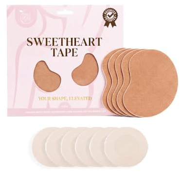Perky Pear Sweetheart Strapless Boob Tape [A-F Cups] - 2 Pairs of Boob Tape & 3 pairs Nipple Protector covers - Colour Options (Beige, E-F)