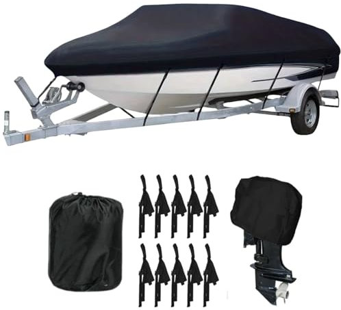 Bootspersenning mit Außenborder Abdeckung,600D Oxford Gewebe Wasserdicht Staub Schutz Bootsplane,Schwarz Bootsplane für Yacht Schnellboot Angelboot V-Rumpf (Schwarz, 11-13FT)