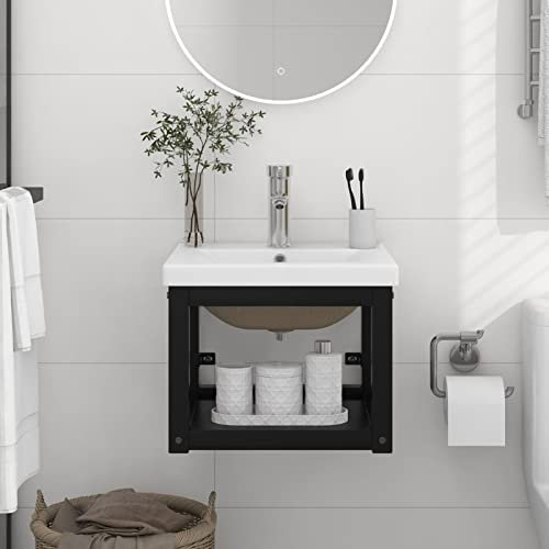 Sufrk Badrum tvättställ ram med inbyggt handfat svart järn, garderob handfat handtvättställ, modern design glansig bänk O P handfat garderob handfat för badrum toalett, sminkskåp