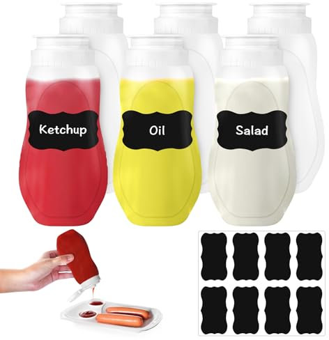 6pcs Plastic Squeeze Condiment Bottles with Cap, 11oz Sauce Bottle with Label, Reusable Ketchup Bottle Squirt Bottles Seasoning Dispensers for Hot Sauce, BBQ, Olive Oil, Salad Dressings, Mustard