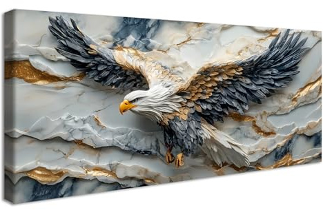 Träramad väggkonst på canvas Marmorvit örnmålning på canvas-tryck Poster Vita grå guldfjädrar Örnbilder för vardagsrum sovrum hemmakontor väggdekoration 50x120cm/20x48 tum