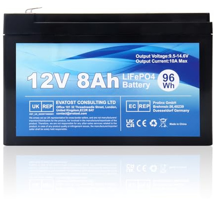 WoskjXas 12V 8Ah 96Wh LiFePO4 Rechargeable Lithium Battery, Deep Cycle 2000 Times with BMS Protection, LiFePO4 Battery for Motor Boats, Camping, Scooters, UPS, Wind Turbine, Solar, Inverters