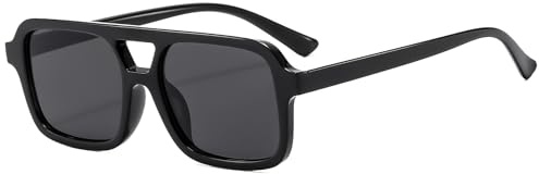 Long Keeper Gafas de Sol Cuadradas de Piloto de los años 70 para Mujeres y Hombres, Gafas de Sol Rectangulares Retro, Gafas Doble Puente Pequeñas de Vintage (Negro Brillante)