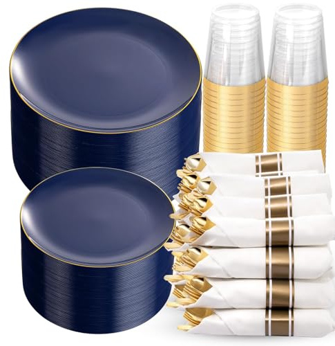 KIRE 350Pcs Blue and Gold Plates -Heavy Duty Navy Blue Dinnerware Set - 100 Plastic Plates 50 Pre Rolled Napkins with Gold Plastic Silverware 50 Cups for Birthday/Wedding/Parties/Passover/Ramadan