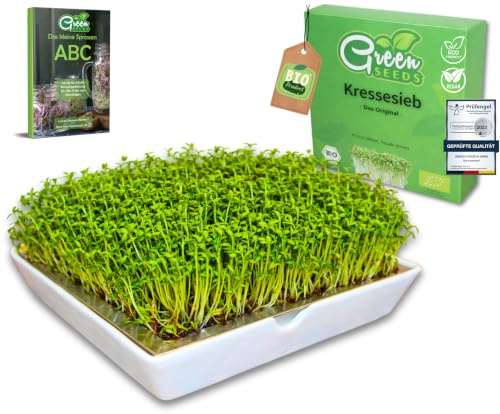 Green SEEDS Krasssil uppsättning med 1 krassskål | sil i rostfritt stål med högkvalitativ keramikskål | odlingsskål 14 x 14 cm diskmaskinssäker och rostfri + ribbor-ABC hållbart förpackad
