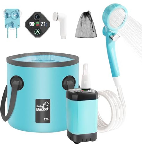 Campingdusche mit Pumpe, 6000mAh Campingdusche Akku Camping, Mobile Duschen Außenduschen mit Duschkopf und 2M Schlauch, Intelligenter Digitalanzeige, für Garten, Strand, Haustier, Autowaschen