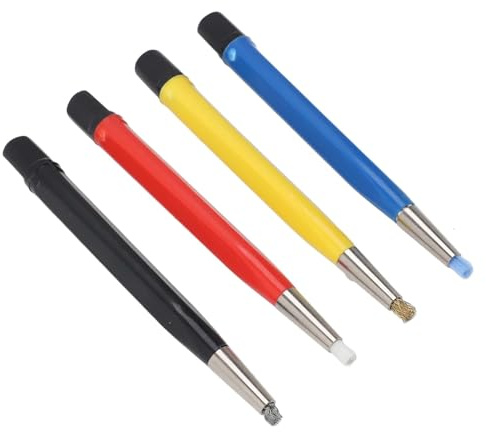 TAURISH Fiberglass Scratch Brush Pen 4-Pieces Scratch Brush with Steel, Brass, Nylon, Fiberglass Tips for Jewelry Cleaning, Circuit Board Maintenance, Auto Rust Removal and Watch Polishing
