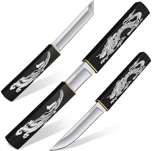 Purple Dragon 2-in-1 Doppelmesser Outdoor, Tanto Messer mit Scheide, D2 Stahl Outdoor Survival Messer mit Holzgriff, Jagdmesser für Camping, Bushcraft, Geschenke füR Männer, Schwarz